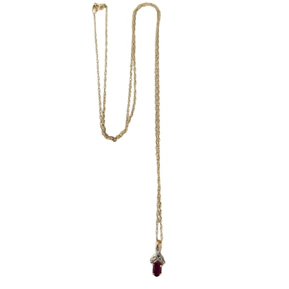 10K Yellow Gold Ruby, Diamond Chip Pendant 18.5” Long Chain Necklace, L58
